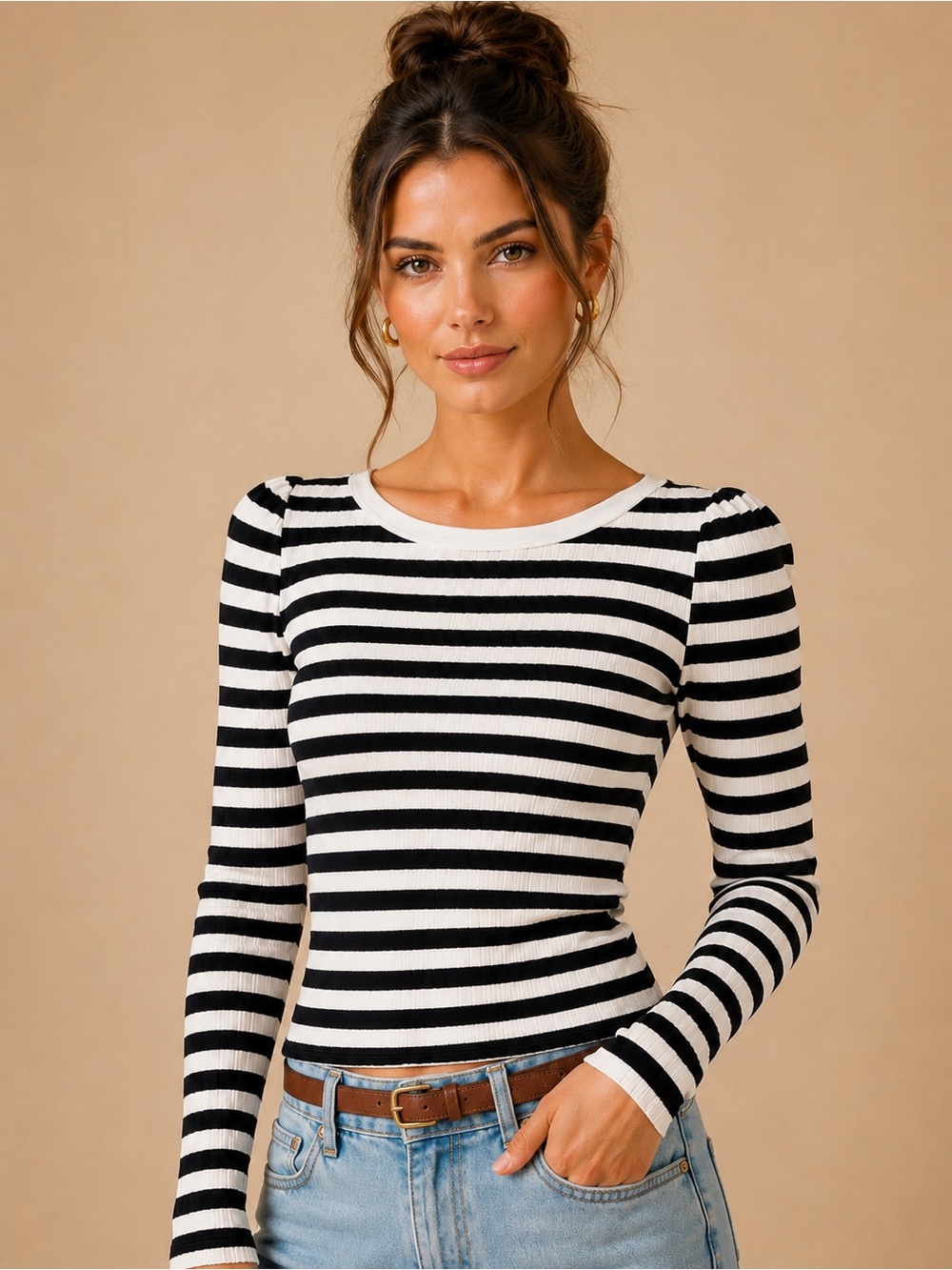 NWT Nation Los Angeles Amelie Envelope Neck Ribbed Top Black/White Stripe XS
